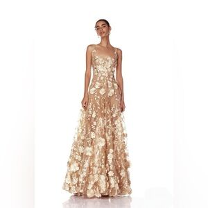 Bronx and Banco Jasmine Gold Floral Appliqué Embroidered A-Line Gown L NWOT